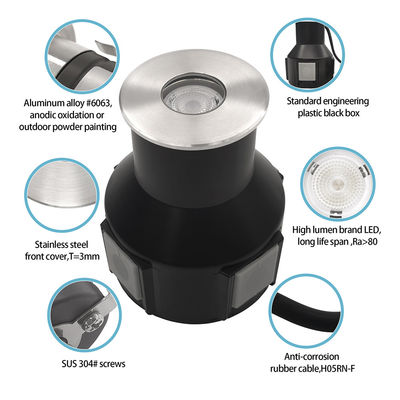 Đèn dưới lòng đất IP67 nhúng điện áp thấp 1W 3W 3000K DC24v hình vuông tròn với vỏ trước thép không gỉ