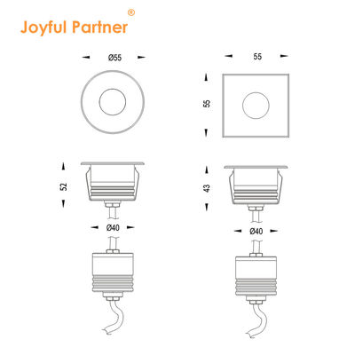 Đèn dưới lòng đất IP67 nhúng điện áp thấp 1W 3W 3000K DC24v hình vuông tròn với vỏ trước thép không gỉ