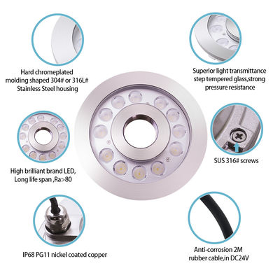 Ánh sáng vòng phun nước LED IP68 24W Stainless Steel Underwater Light