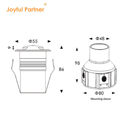 Đèn sàn nhúng 12V 24V 2W 3W mặt phát ra đường kính 55 với nắp phía trước bằng thép không gỉ