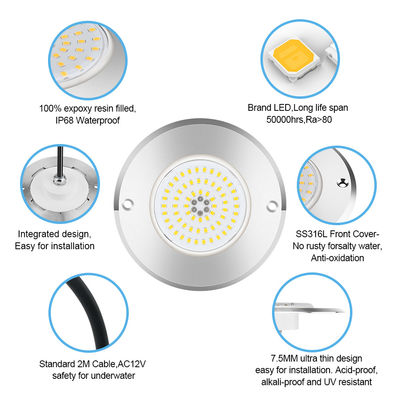 RGB Ultra Slim IP68 Đèn hồ bơi LED SS316 Nhà chứa tích hợp loại SMD2835 6W