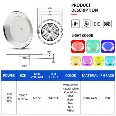 SUS316 Áp phủ gắn IP68 DC12V 3000K Đèn hồ dưới nước LED SPA