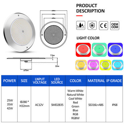 12 Volt thép không gỉ chống nước IP68 hồ bơi đèn Smd2835 nhựa đầy