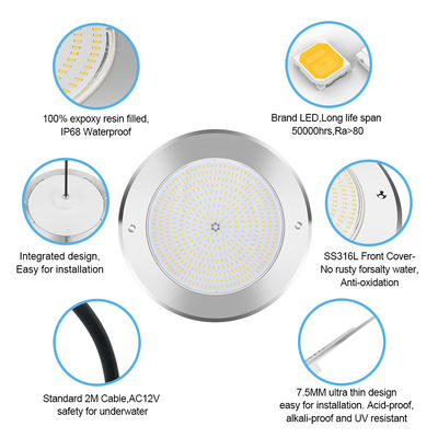 Đèn hồ bơi dưới nước dẫn 316 thép không gỉ 25W Smd2835 nhựa 3000K đầy RGB Đèn hồ bơi SMD 2835 AC 12v IP68 hoàn toàn chống nước