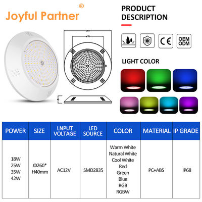 Chất nhựa epoxy được lấp đầy dưới nước hồ bơi ánh sáng tường gắn ABS nhà IP68 AC12V 18W Dia 260mm