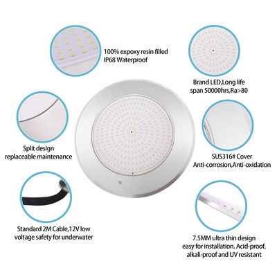 Đèn hồ nước chống nước PAR56 LED 316 SS ABS Ultra Thin 7.5mm Resin Fill Wall Mounted 230MM 18W 25W DC AC12V