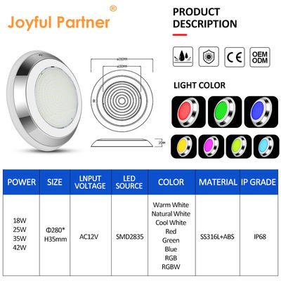 IP68 280mm tường gắn thép không gỉ RGB dưới nước LED hồ bơi ánh sáng