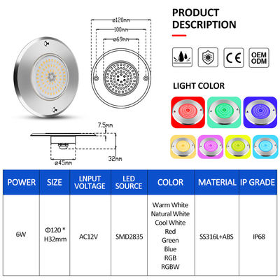 Par 56 Rgb Led Swimming Pool Light 6W 10W 18W 25W 35W 42W siêu mỏng 7.5mm Super Slim nhựa chứa AC 12V Voltage SMD LED với vật liệu SS316L