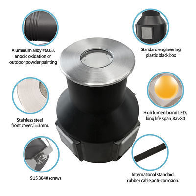 Đèn dưới lòng đất IP67 nhúng điện áp thấp 1W 3W 3000K DC24v hình vuông tròn với vỏ trước thép không gỉ