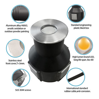 Đèn LED dưới lòng đất chống nước 3000K DIA55MM loại 24V DC IP67 với kính băng