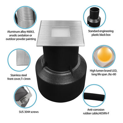 Đèn dưới lòng đất LED 3W hình vuông 304 hoặc 316 thép không gỉ 45 * 45MM khung nhôm Die Cast Body