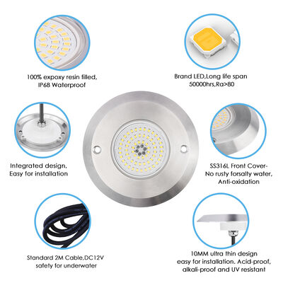 Đèn hồ bơi LED DC12V 42W Dày 10MM Tích hợp SMD 2835 RGB Thay đổi màu sắc Đổ đầy nhựa với Vật liệu thép không gỉ