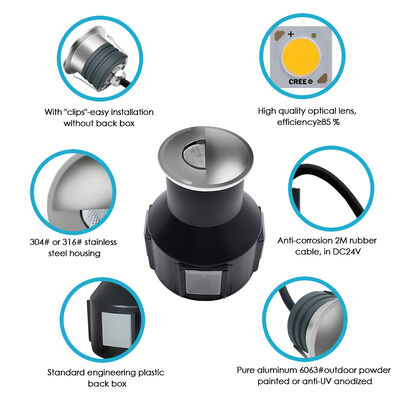 Đèn dưới lòng đất LED 3W AC 85-265V 1/2/3/4 Bên DIA55MM*H55MM Kính quang với cáp điện 0,5M